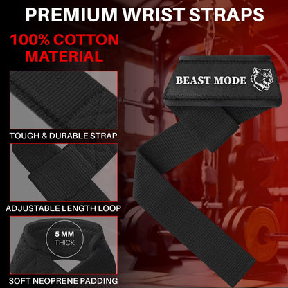 TECEUM Fit Lifting Wrist Straps with Neoprene Padding Support – Black – Beast Mode – Heavy Duty Wrist Workout Straps For Men and Women – Ideal for Powerlifting, Strength Training, Bodybuilding