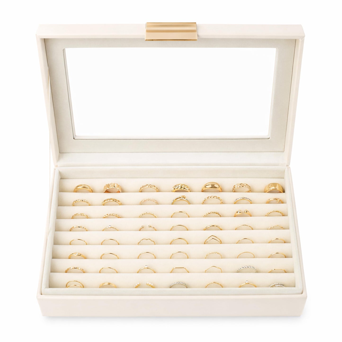 Ring and Earring Jewelry Display Box – Holds Up to 80 Rings, Faux Leather Jewelry Box with Velvet Interior and Clear Viewing Lid for Ring Organizer and Display