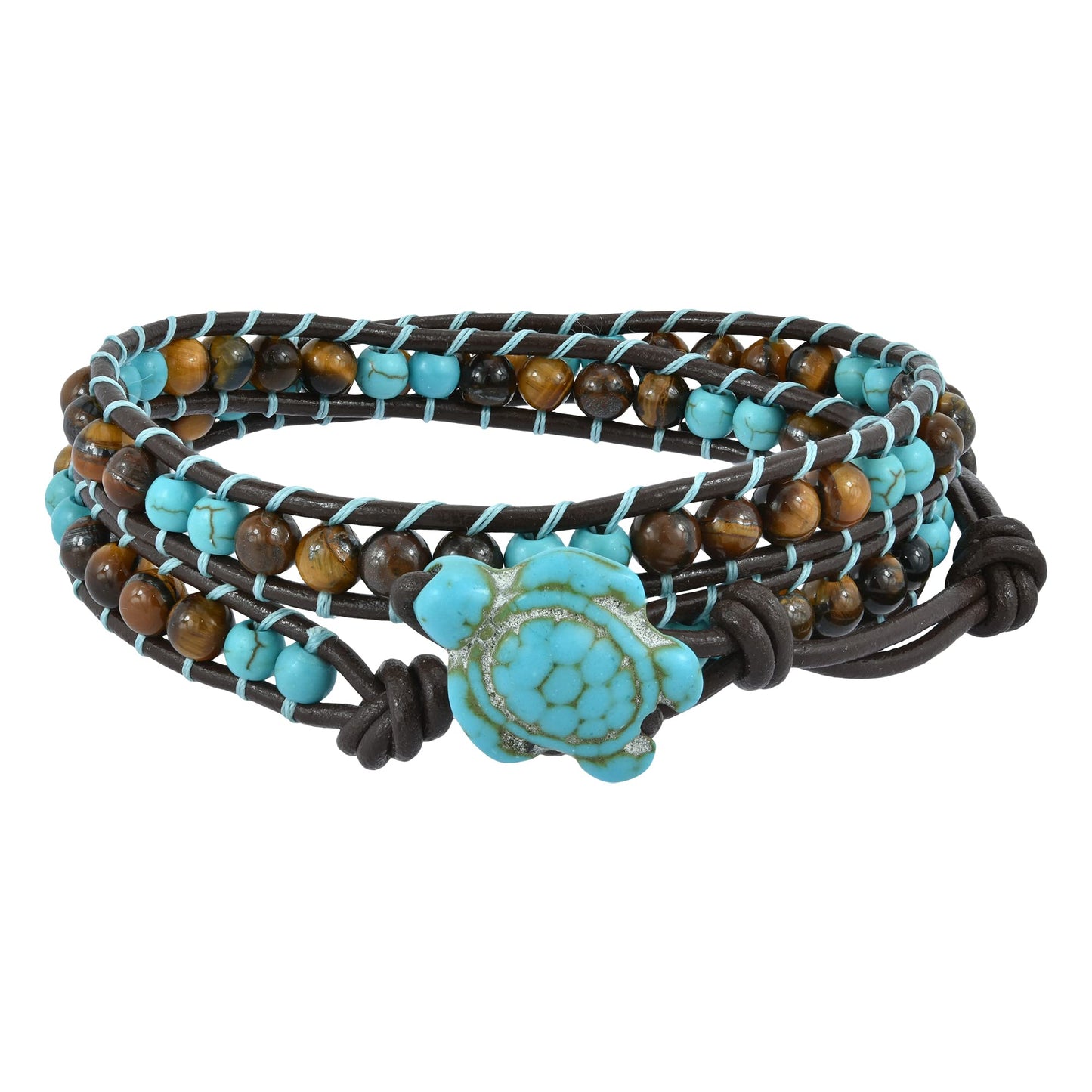 AeraVida Sea Turtle Double Wrap Bracelet with Tiger’s Eye and Simulated Turquoise Beads | Handcrafted Leather and Cotton Rope Bracelet with Turtle Toggle | Boho Ocean Nature Inspired Jewelry