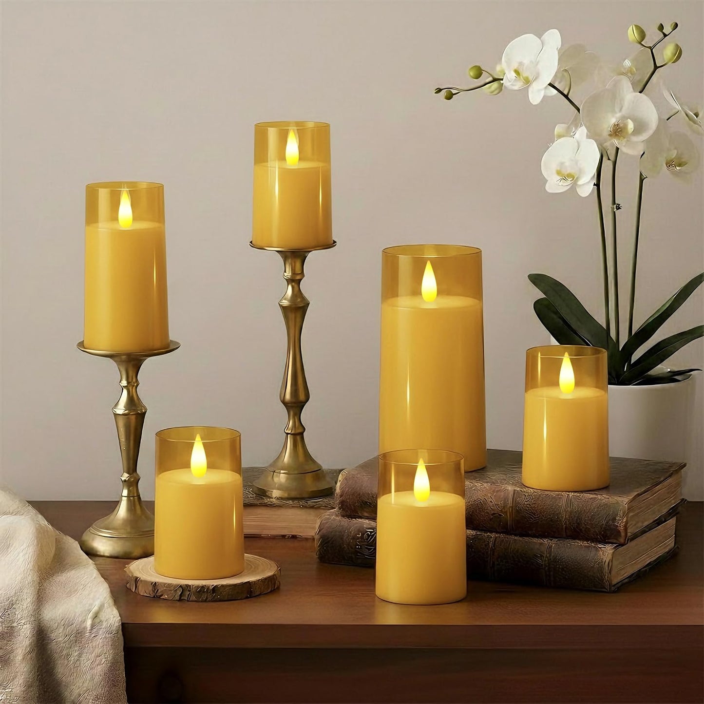 Raycare Flameless Electronic Pillar Candles with Remote Control and Timer- Battery Operated Realistic Flickering LED Fake Candle for Home, Wedding, Valentine's Day Decor, Gold,Set of 3(3"x4"5" 6")