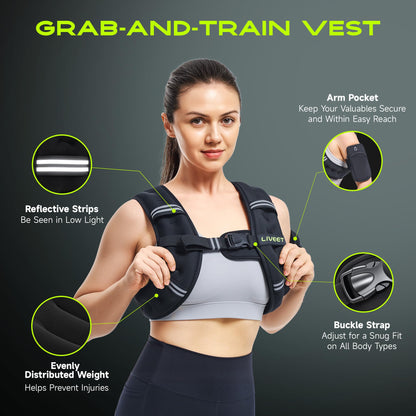 Liveet Weighted Vest, Weighted Vest for Women Men, 10lb Weight Vest with Pocket Reflective Strips Adjustable Buckle Straps SGS Certified Weight Vest for Walking Running Strength Training Cardio Workout