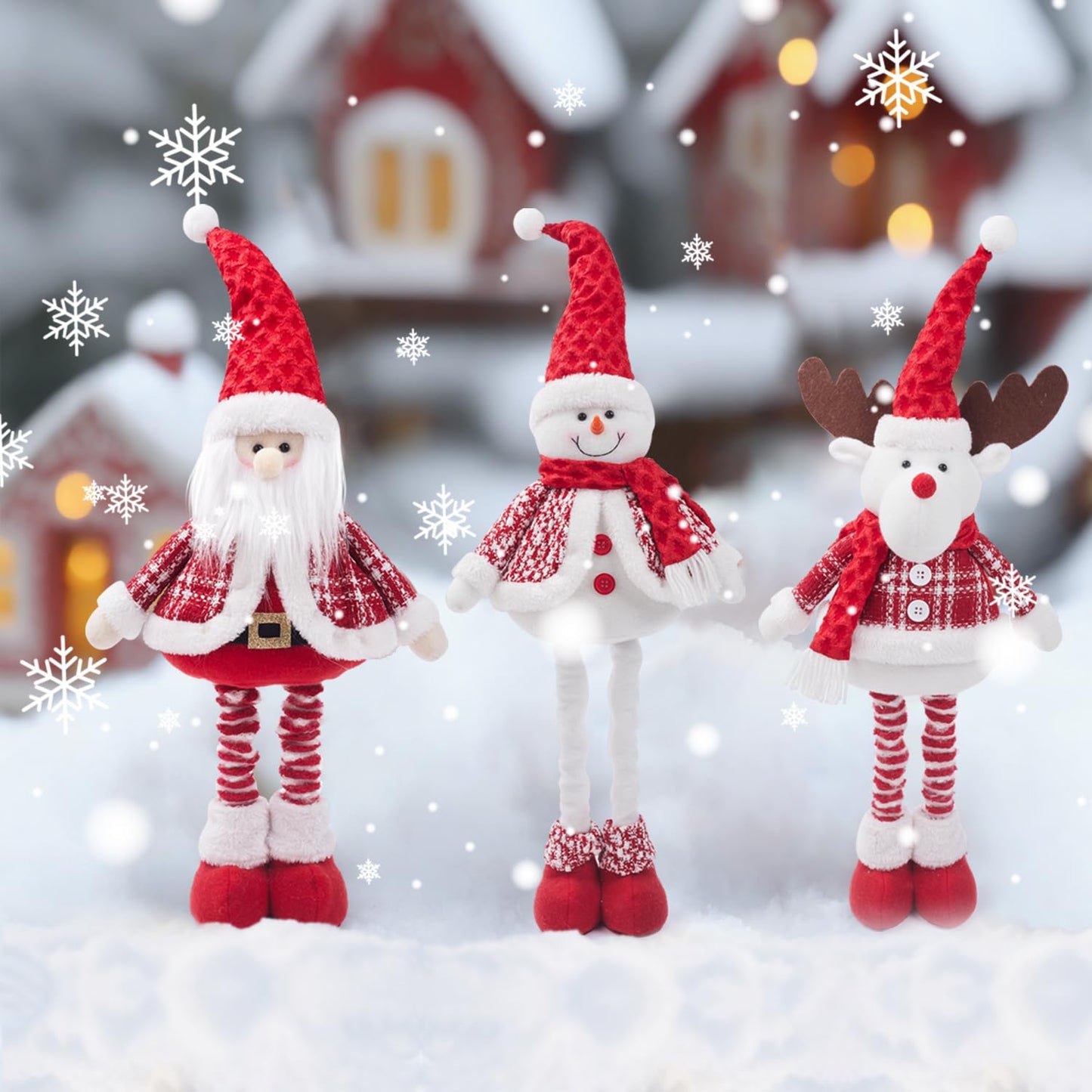 JIAHG Christmas Decorations Standing Fabric Santa Claus Snowman Reindeer with Stretchy Legs Christmas Tree Party Favors for Home Office Tabletop Fireplace Shelf Figurine Xmas Decor Ornaments