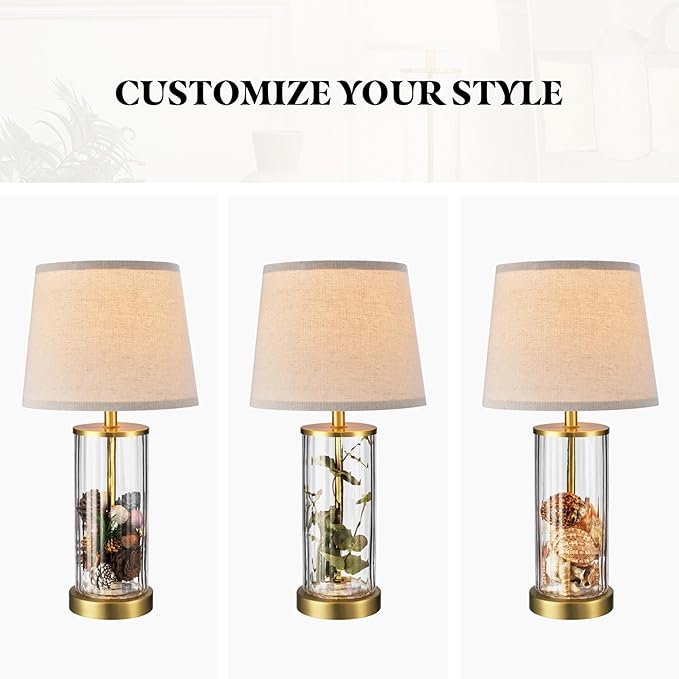 GLOBE Electric 61000063 20" Fillable Ribbed Glass Table Lamp, Matte Brass Accents, Beige Linen Shade, On/Off Rotary Switch on Socket, for Living Room, Bedroom, Office, Home Décor