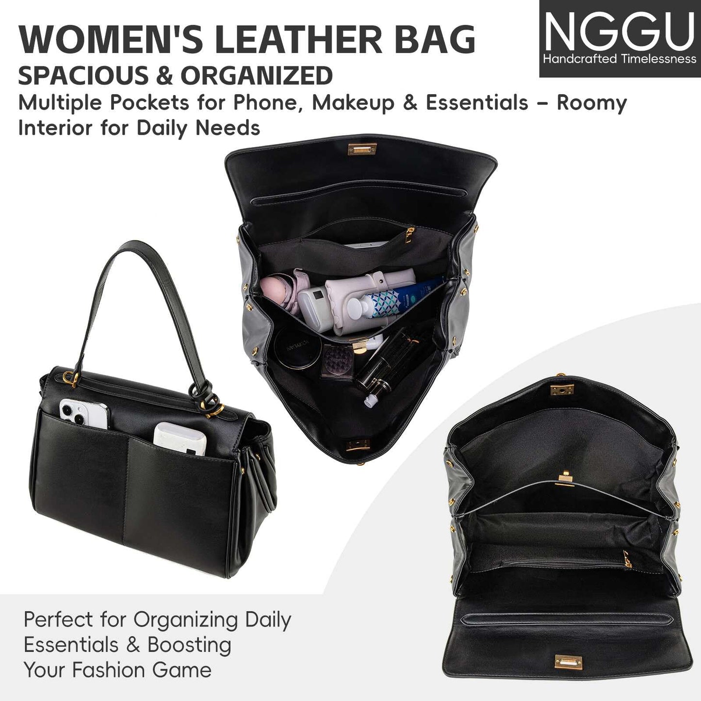 NGGU Black Leather Tote Bag for Women,Soft Leather Shoulder Handbags for Ladies,Satchel Purse for Travel Work & Medium & Black Leather & Gold Clasp