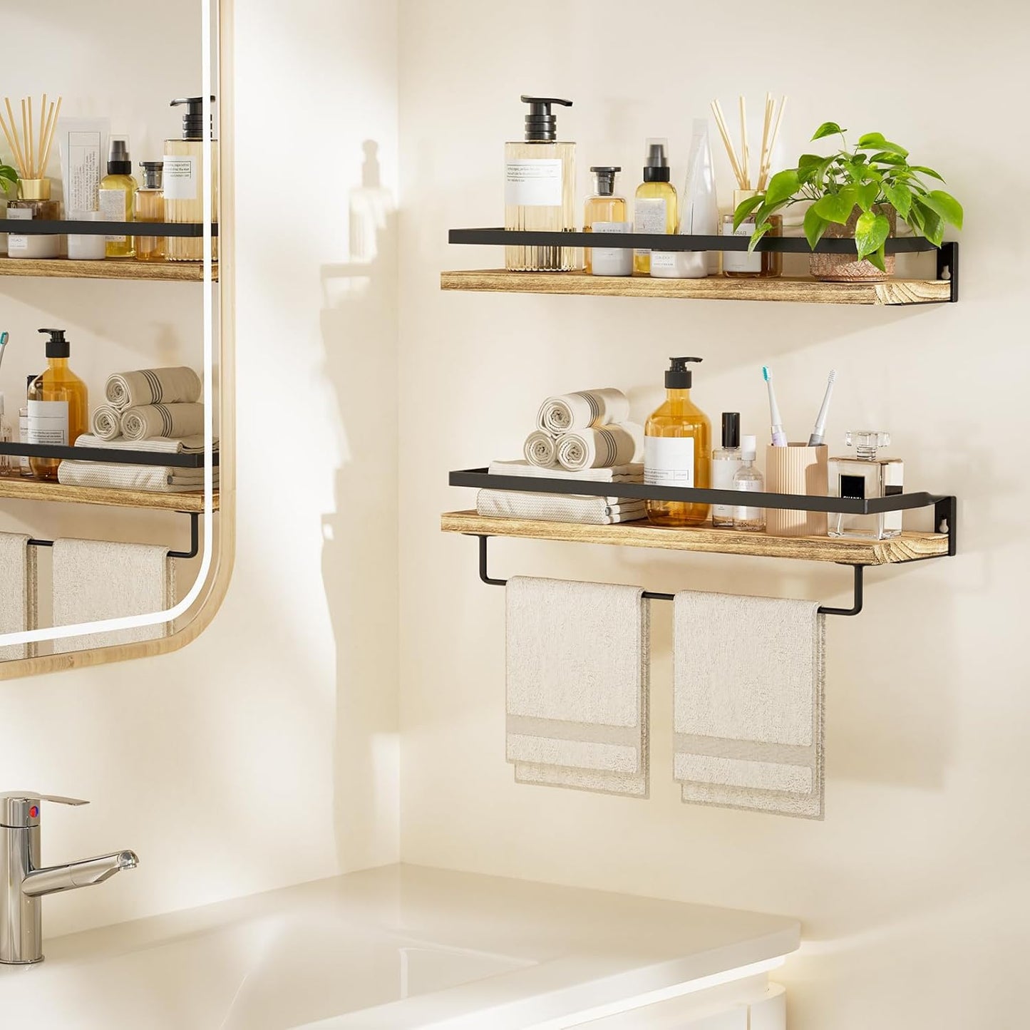 AMADA HOMEFURNISHING Bathroom Shelves with Towel Bar, Floating Shelves, Wall Shelves for Bathroom/Living Room/Kitchen/Bedroom, Light Brown Shelves Set of 2 - AMFS01