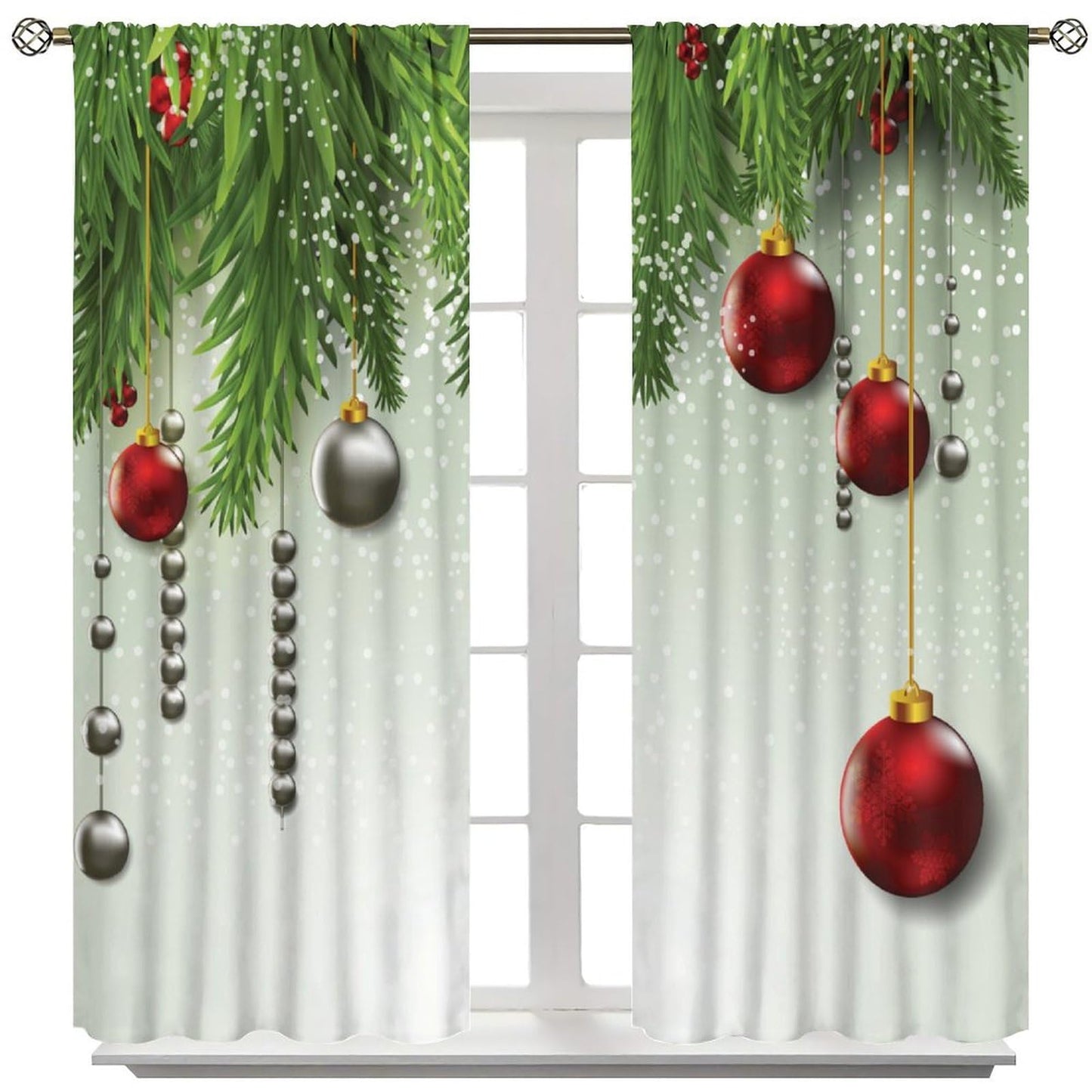 Christmas Curtain Decor Ball Coniferous Pine Tree Twig Tinsel Merry Xmas Window Treatment for Living Room Bedroom Dining Home Decor Window Drapes 42" W X 45" L