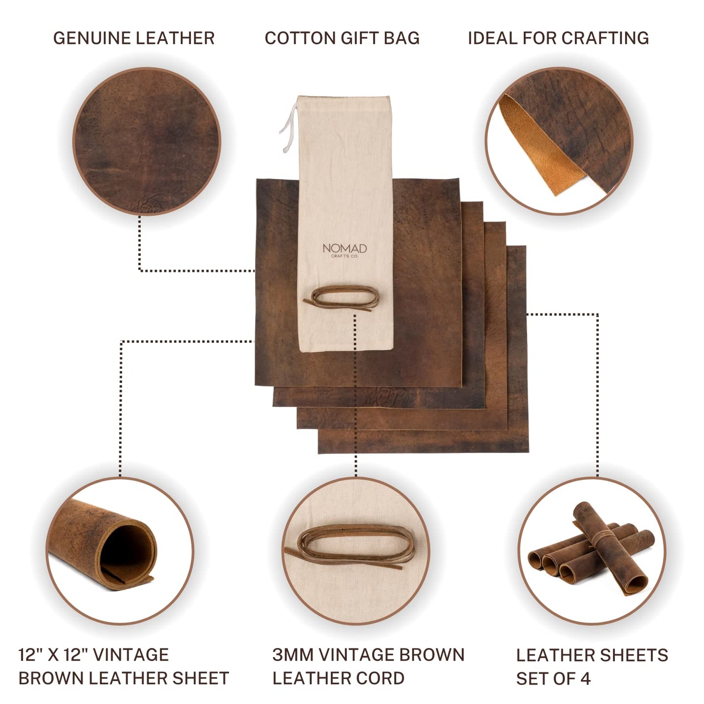 Genuine Leather Roll & Sheets Set of 4 | Soft Leather, Quality Raw, Sheet & Roll 12" x 12" + 36" Cord