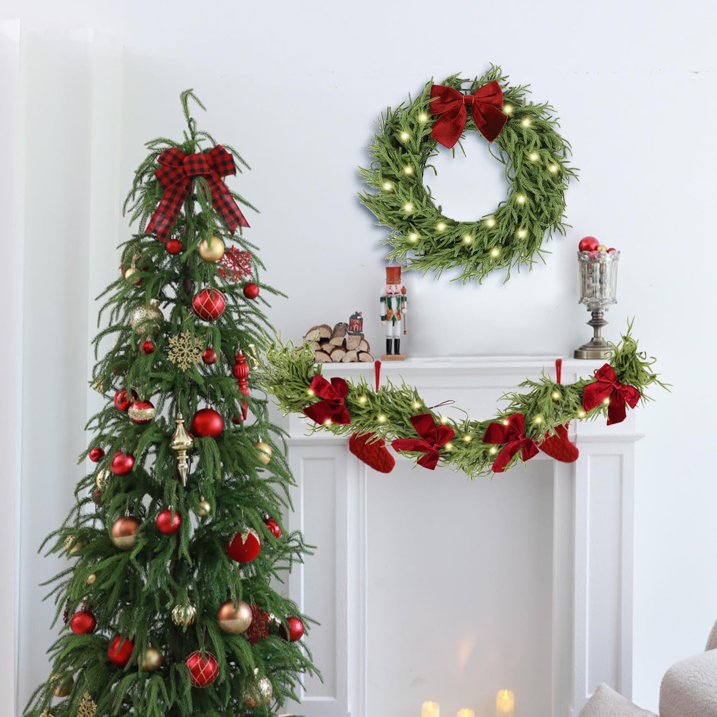 HipTree 9ft Christmas Garland with Lights,Lighted Norfolk Pine Garland for Mantle,Prelit Real Touch Artificial Greenery Christmas Winter Garland with Large Burgundy Velvet Bow for Indoor Outdoor Decor