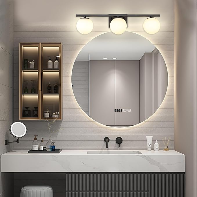 New Bathroom Vanity Light Fixtures Brushed Bronze Milk White Globe Glass Shade Modern Wall Bar Sconce Over Mirror (Black, 3 light-24inch-G9)