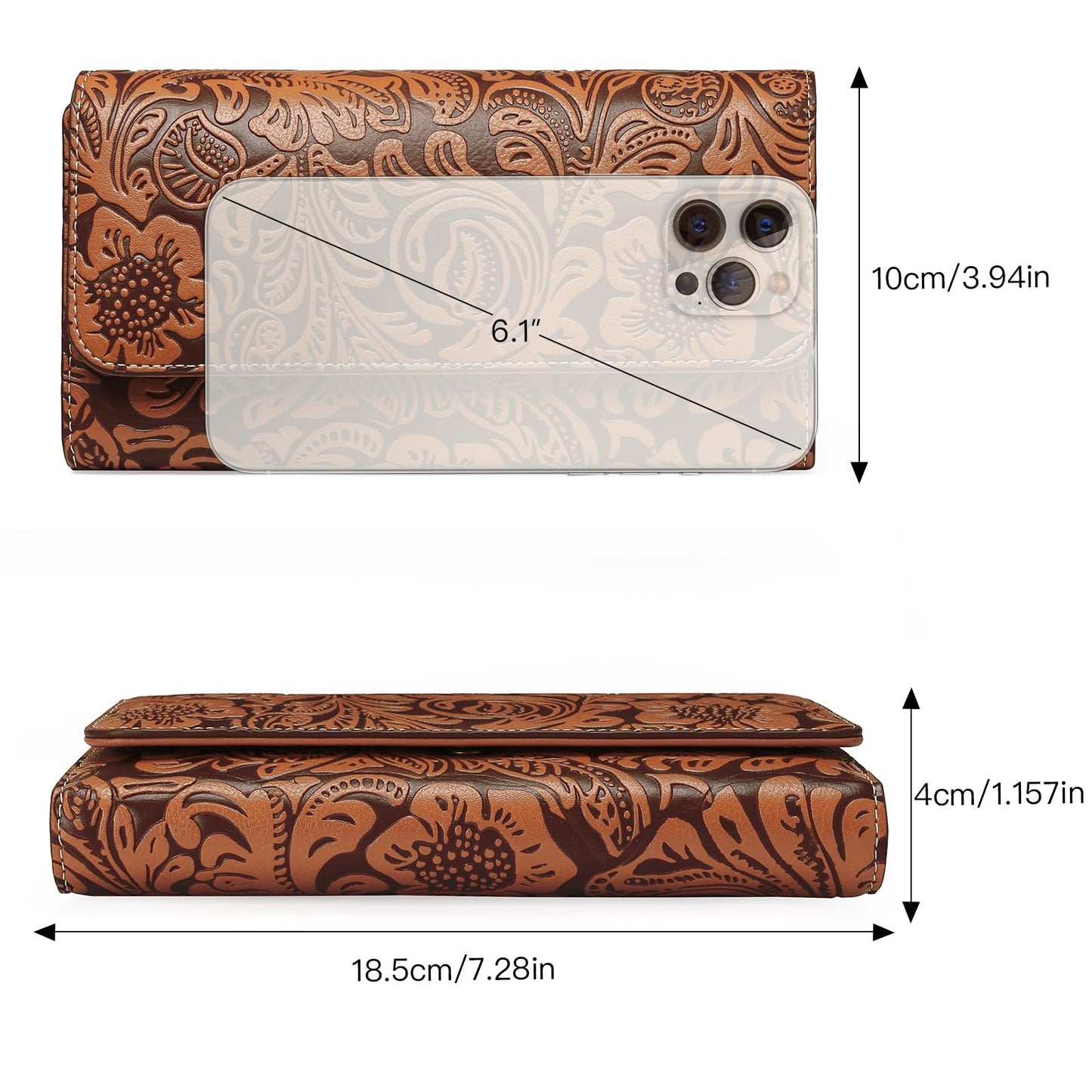 GOIACII Women's Wallet RFID Blocking Long Clutch Ladies Purse Vegan Leather Embossed Flower Brown