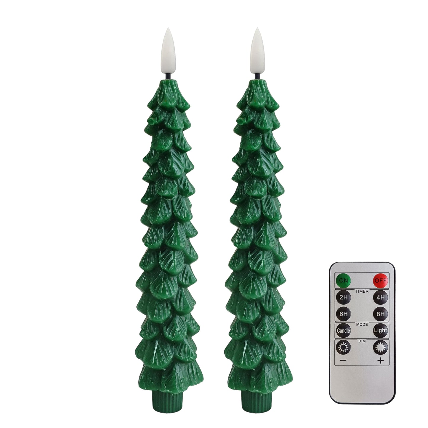 2 Pcs Christmas Tree Flameless Taper Candles with Timer Battery Operated Taper Candles Realistic Flickering Green LED Candle Tall ElectricTaper Candlesticks fo All-Season Decor festival Wedding Party