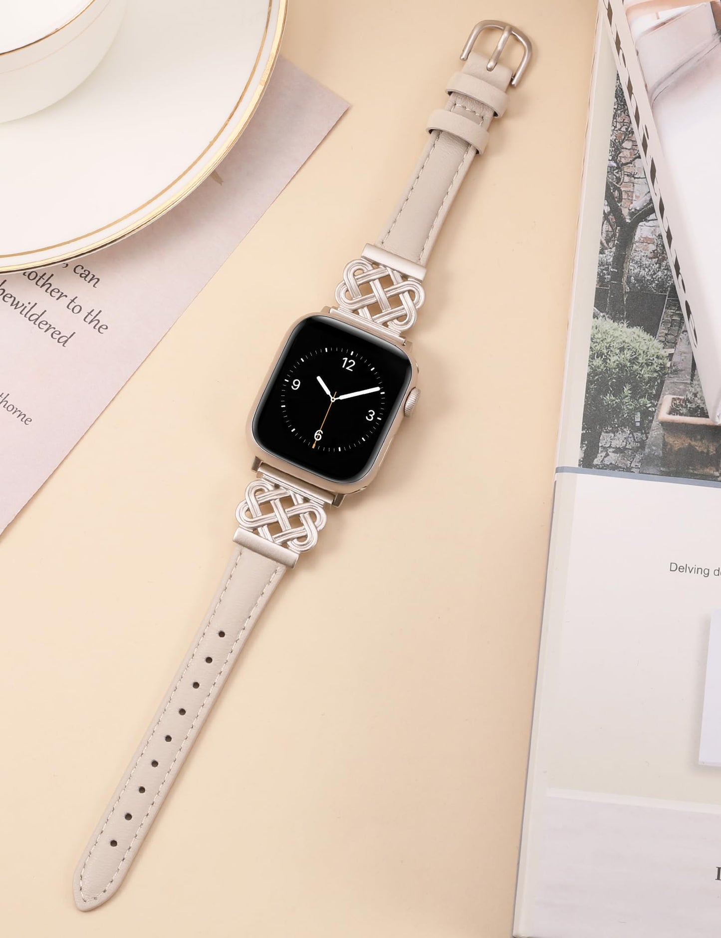 TOYOUTHS Compatible with Apple Watch Bands Women 38/40/41/42mm Dressy Slim Leather Strap with Designer Celtic Knot Interlock Buckle Bracelet for iWatch Series 11 10 9 8 7 6 5 4 SE 3 2 1, Starlight