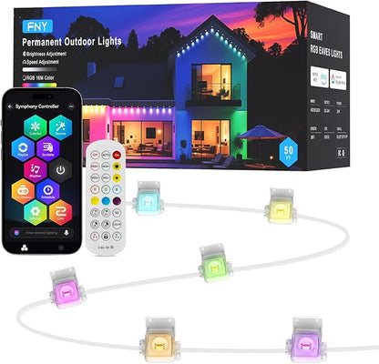 FNY Permanent Outdoor Lights 50ft Smart RGB with 30 LED, IP67 Waterproof for Outdoor Decor, App/Remote Control Eaves Lights Compatible with Alexa, Google Assistant, DIY Scene Modes for Christmas