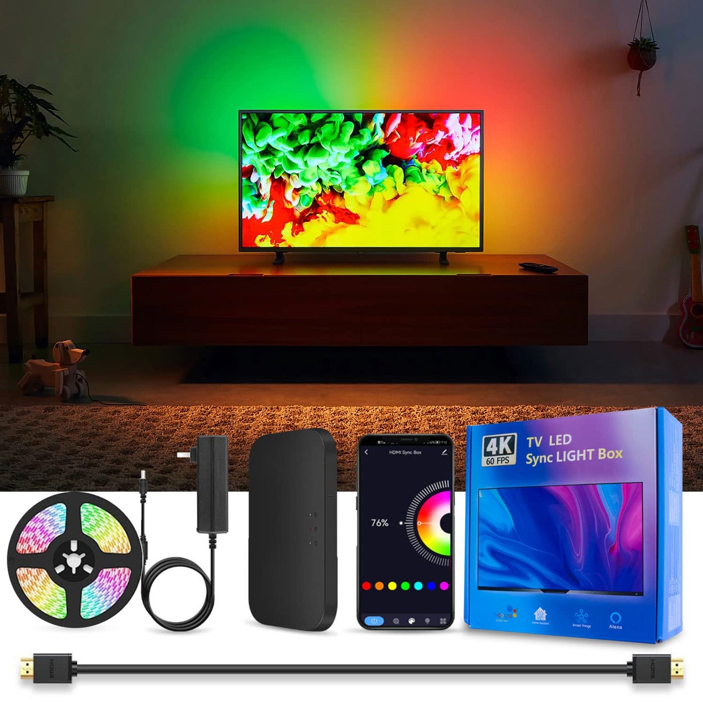 DoHome LED TV Backlight with HDMI Sync Box for 75-85 inch TVs 16.4ft RGBIC WiFi LED Light Strip App Control with Sound and Scene Sync Compatible with Alexa and Google Assistant for Games and Movies