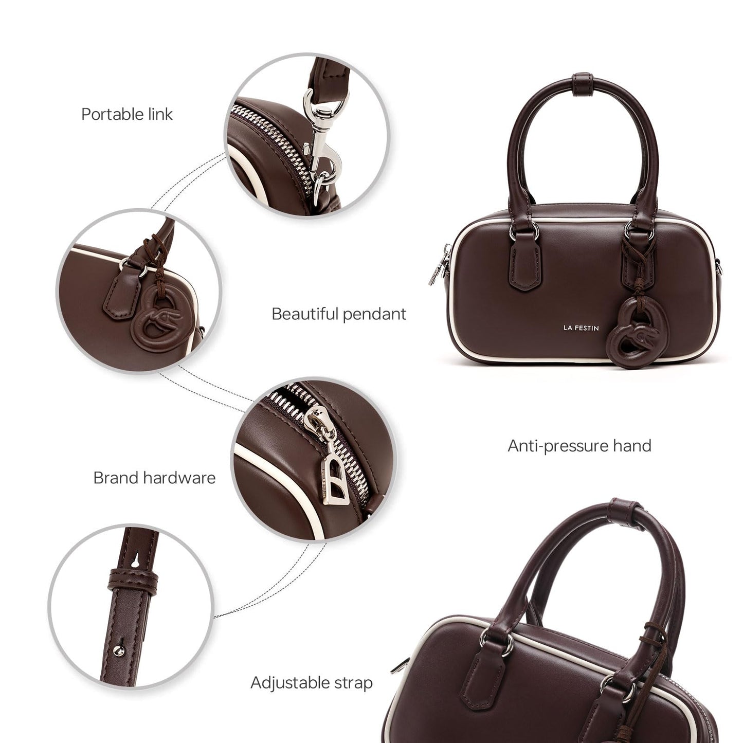 LA FESTIN Handbags for Women Genuine Leather Mini Bag Perfect for Daily Events - Brown