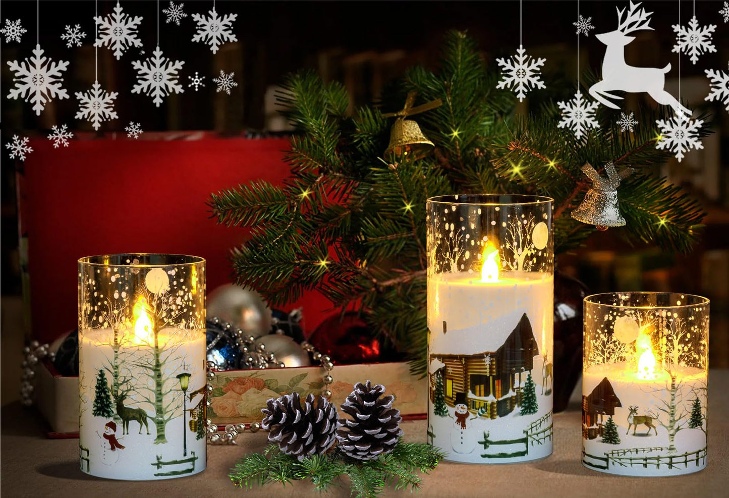 CANDLE IDEA 3PCS White Christmas Glass Flickering Flameless Candles with Snowman Decal,Real Wax Battery Operated LED Window Pillar Candles with 10-Key Remote and Timer Function for Holiday Home Decor