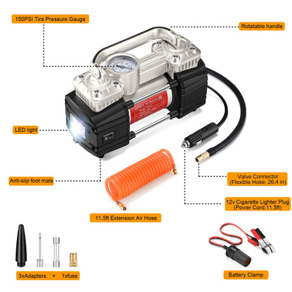 GSPSCN Silver Dual Cylinder 12V Air Compressor Pump for Car, Heavy Duty Portable Tire Inflator 150PSI with LED Work Lights for Auto,Truck,SUV, RV,Balls etc