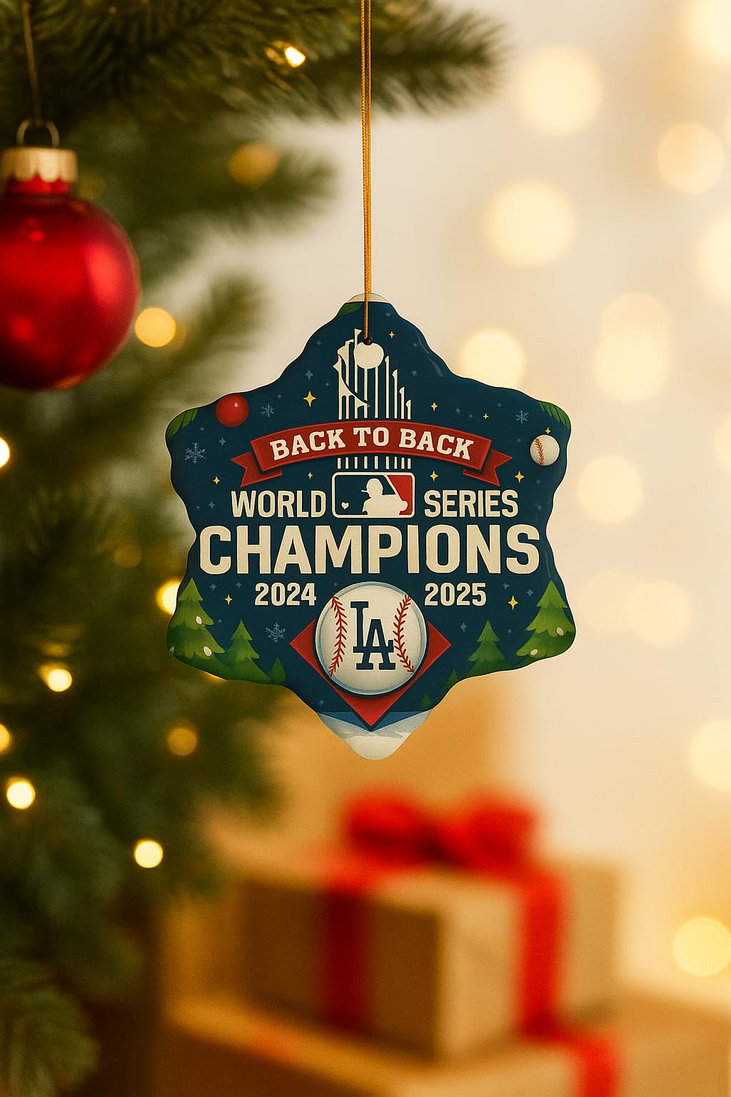 Back to Back Baseball Champions Ornament 2024 2025 – Ceramic, Heart, Circle, Snowflake Shapes – Funny Gift for Baseball Fans – Christmas Tree Decoration, Cheap Shipping (1, Heart)