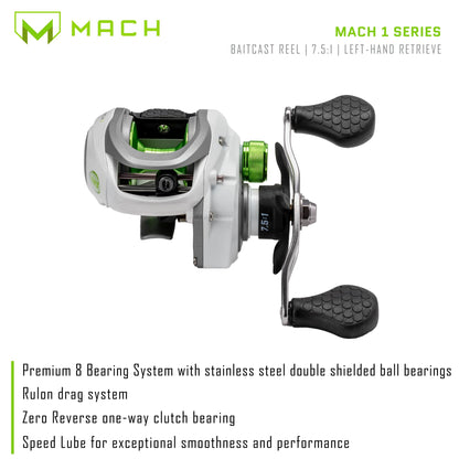 Lew’s MACH 1 Baitcast Fishing Reel, 7+1 Bearings, 7.5:1 Gear Ratio, Graphite Frame and Sideplate, Multi-Setting Brake, Speed Gears, Left-Hand Retrieve