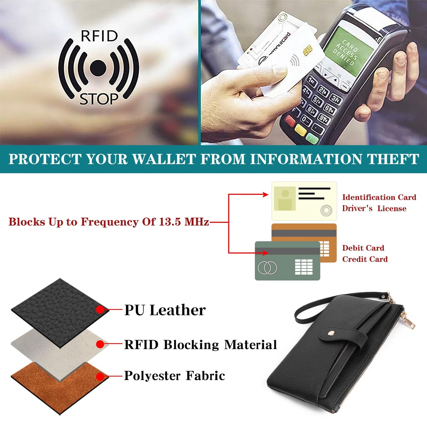 GAEKEAO Wristlet Wallets for Women Clutch Purses RFID Blocking Vegan Leather Card Phone Holder with 10 Card Slots 2 ID Window