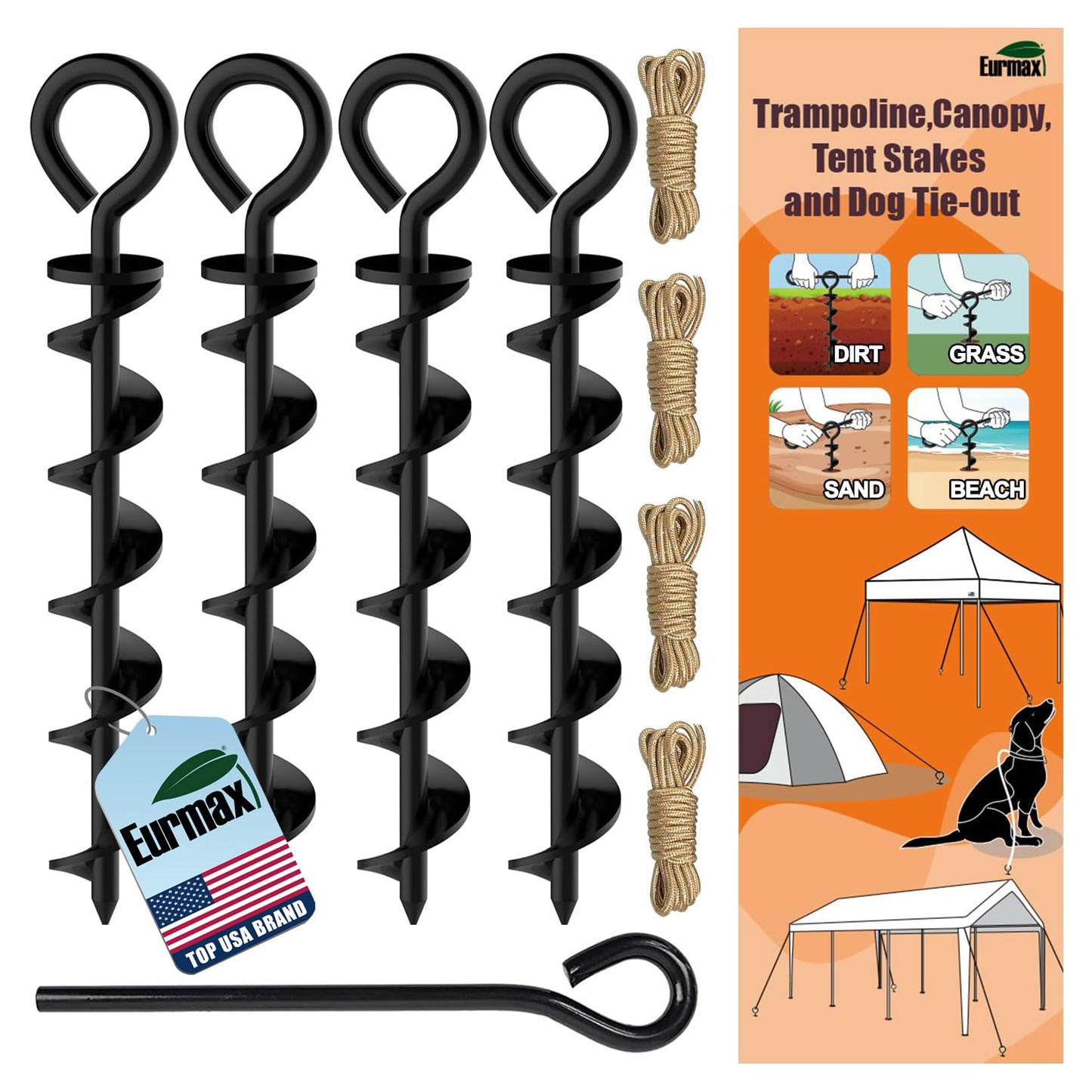 Eurmax USA 4 Pack Heavy Duty Ground Stakes,Industrial Grade Spiral Steel Screw-In Anchors with 4 Bonus Tie-Down Ropes,High Wind Stabilizing Kit for Trampolines,Dog Tie-Out,Canopies,Outdoor Sheds,Black