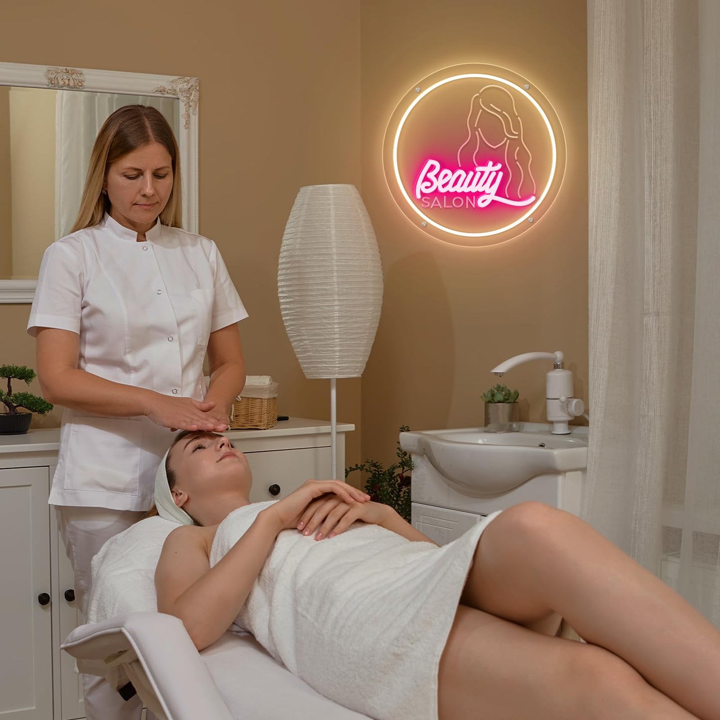 Beauty Salon Neon Sign Beauty LED Neon Light Dimmable USB Powered Adjustable Brightness Light up Sign for Spa Salon Nails Browing Waxing Room Decoration Festival Birthday Chritmas Gifts 35cm*35cm