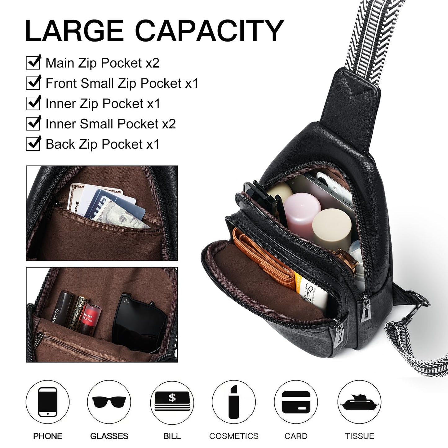 LATMAP 7L Sling Bag for Women Men Crossbody Belt Bag Small Travel Sling Backpack Anti Theft Chest Daypack Purse Faux Leather,Black