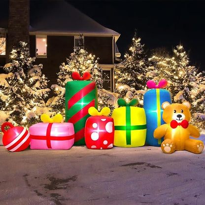 KOOY 10FT Giant Christmas Inflatables Outdoor Decorations Gift Boxes And Bear,Blow up Yard Decorations With LED Light For Xmas Outdoor Decorations Inflatable For Holiday Party Garden Lawn Winter Décor