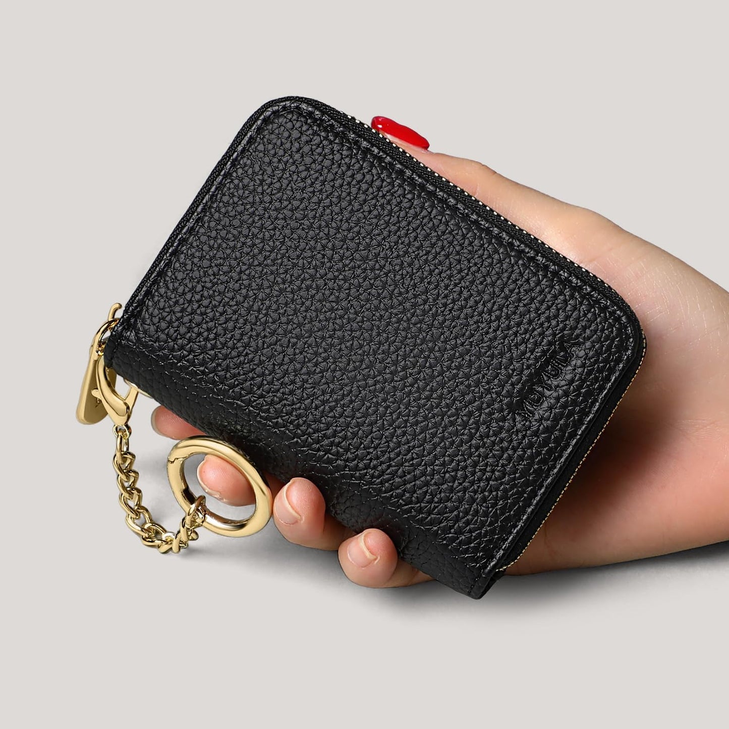 YUYULA Lether Women Credit Card Wallet, Zipper Business Card Holder for Women, RFID Blocking, KeyChain Wallet (Black)