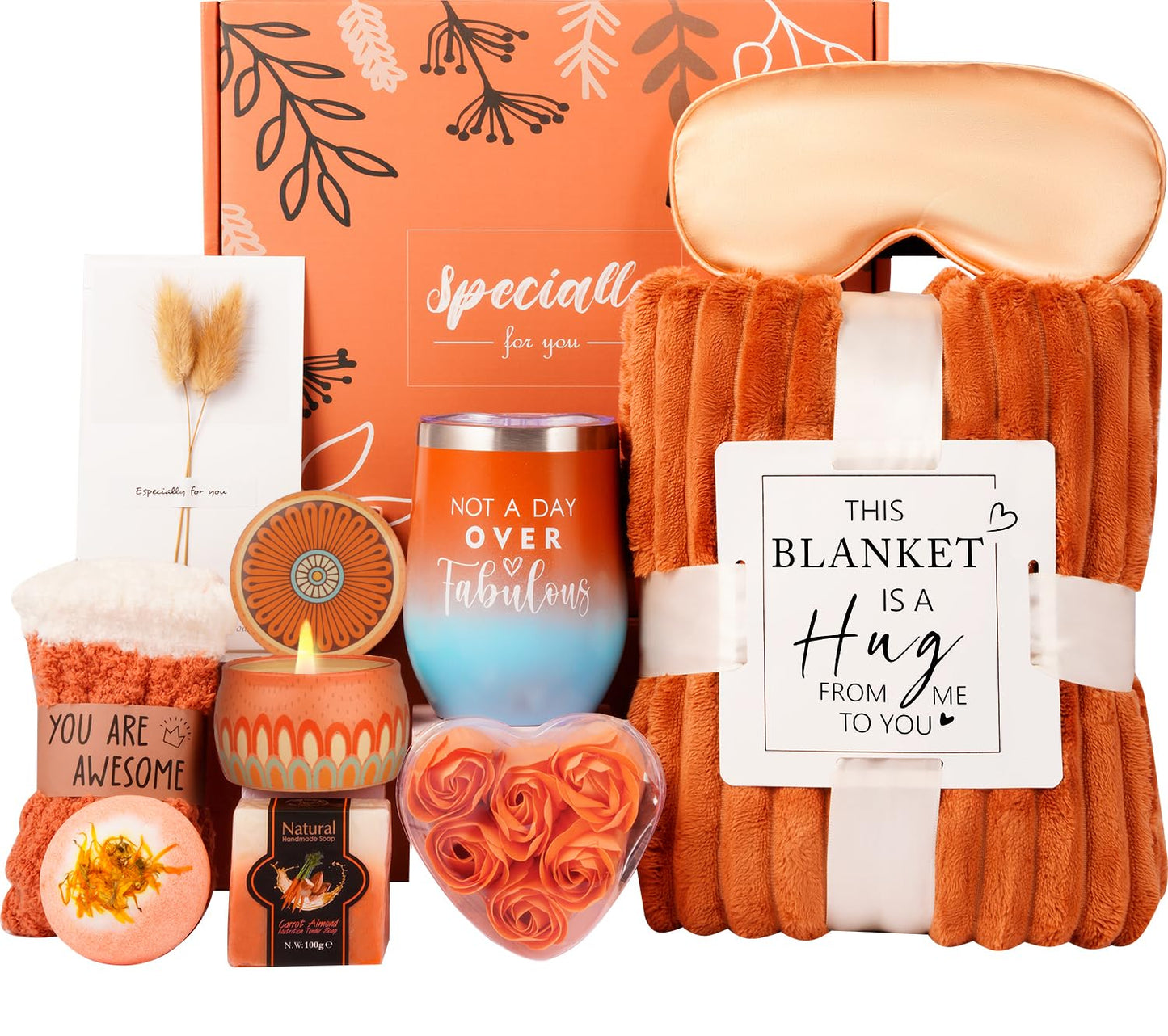 Fall Gifts Baskets for Women Wife Mom,Birthday Gifts for Sister Friend Girlfriend Teacher,Get Well Self Care Package,Orange Relaxing Spa Gifts for Her Anniversary Christmas,Thanksgiving,Graduation