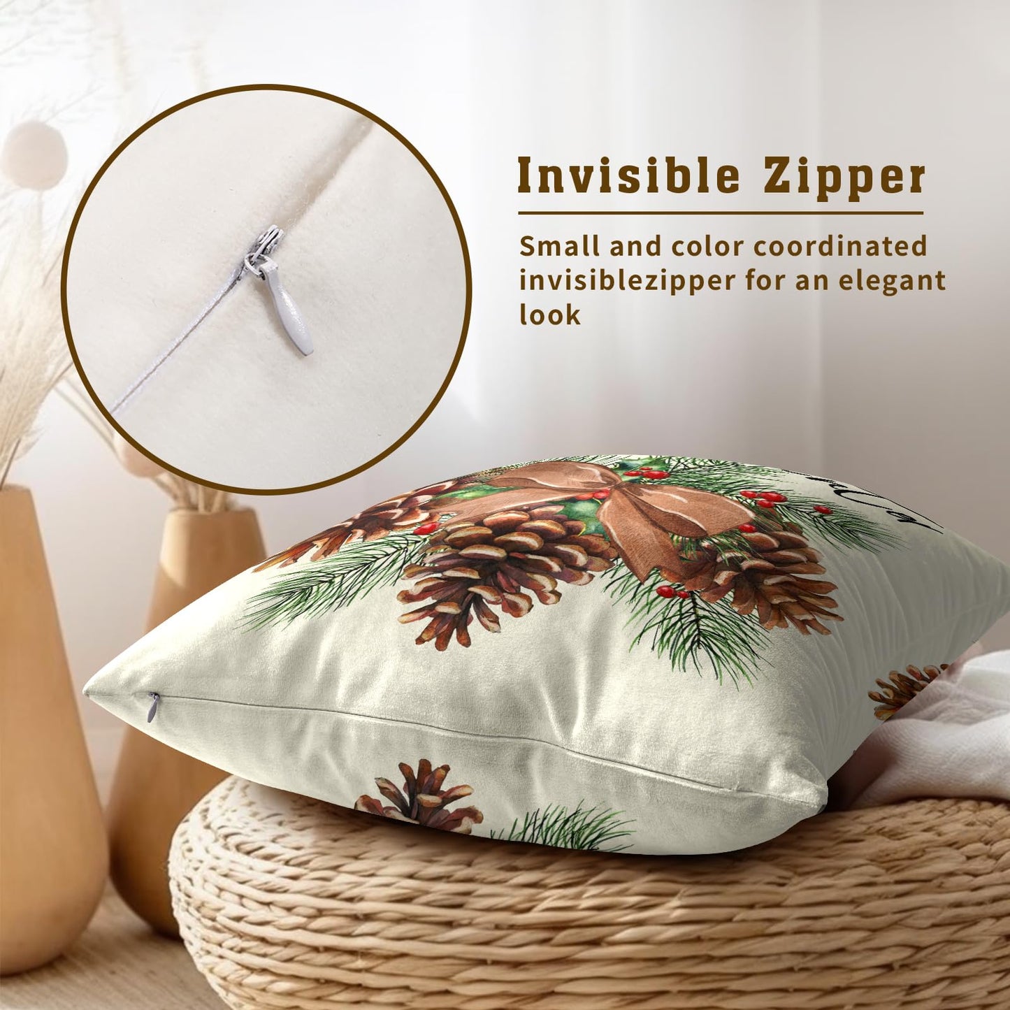Winter Pinecone Pillowcase Set of 2 Pine Cone and Leaf Decor Throw Pillows Square 18x18 Inch Xmas Merry Christmas Holiday Winter Pillow Cushion Covers for Home Living Room Bed Sofa Outdoor Couch