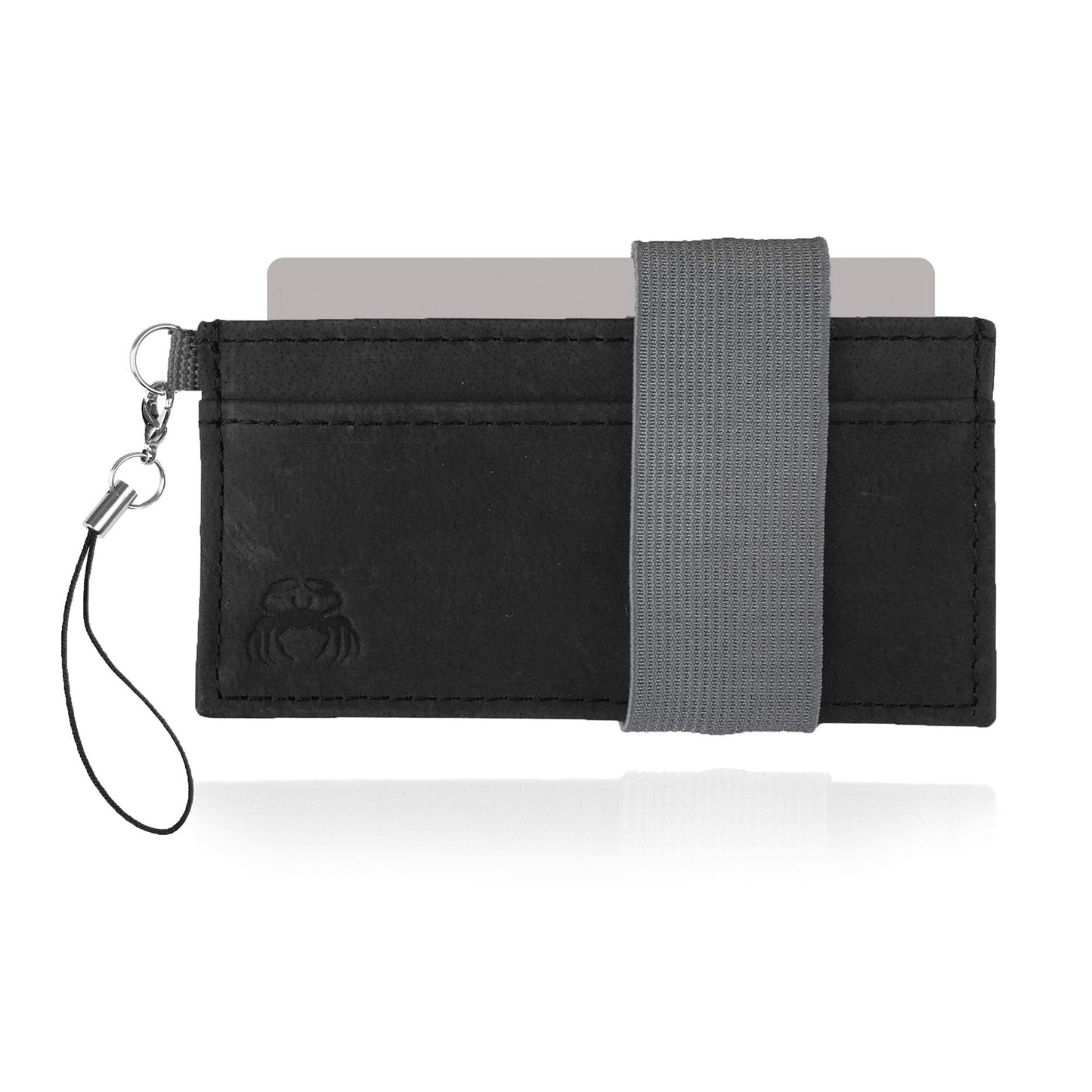 Crabby Gear - Front Pocket Wallet - Minimalist Wallet - Mammoth Black - Leather - Carry Cards, Cash, Phone, Keys - Lobster Claw Keychain Included- Ultra Thin 4"x2"