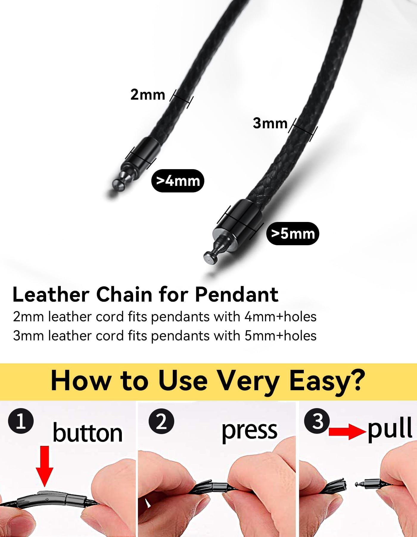 ChainsHouse Braided Leather Necklace for Men, 2MM 18 Inches Black Leather Cord Necklace with Clasp, Waterproof Mens Jewelry Gift