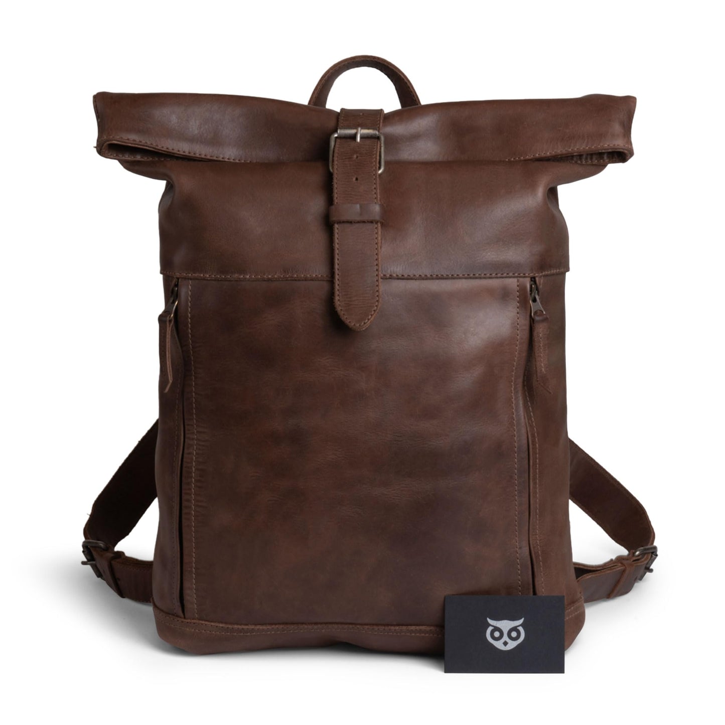 Hide & Drink, Roll Top Backpack, Vintage Style Rucksack with Adjustable Shoulder Straps, Travel Accessory, Full Grain Leather, Handmade, Bourbon Brown