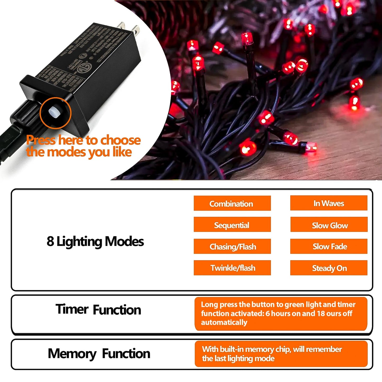 Upgraded 75.8 FT 200 LED Red Christmas Lights Outdoor Indoor, Memory Function & Timer & 8 Modes, Extendable Green Wire Waterproof String Light for Christmas Tree Party Wedding Home Garden Decorations