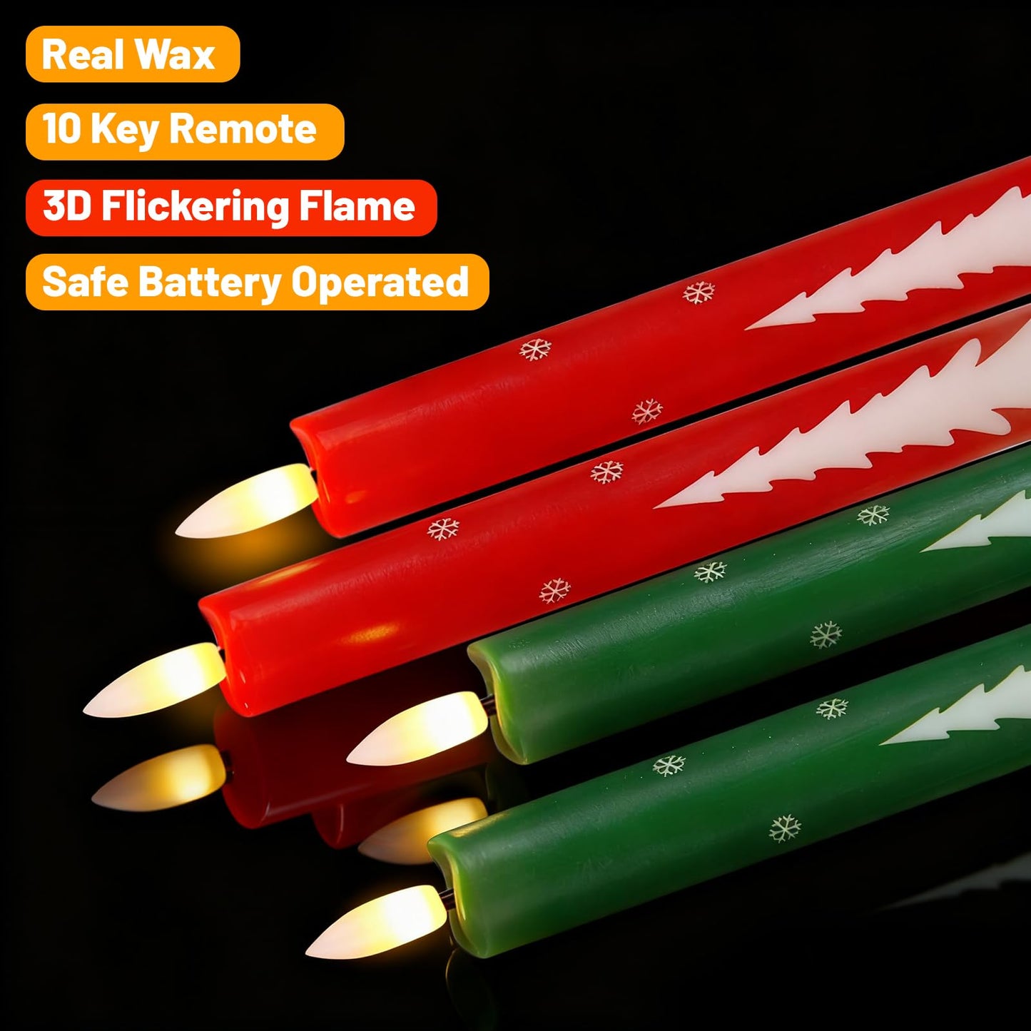Wondise Christmas Flameless Taper Candles with Remote Timer, Real Wax Battery Operated Candles 3D Wick with Christmas Tree Decals for Christmas Thanksgiving Home Decoration(4Pack