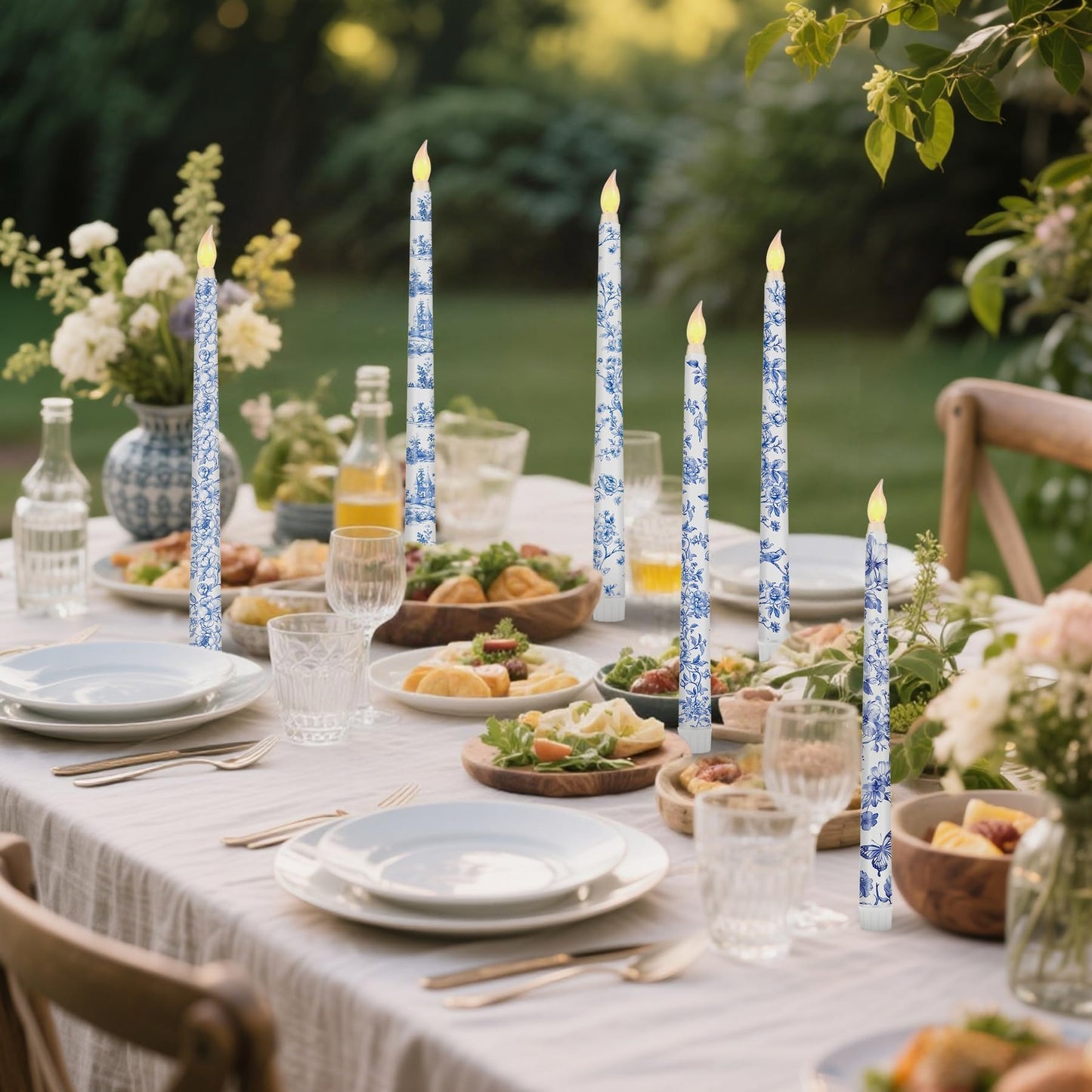 Kuabiz 6 Pcs Chinoiserie Flameless Candles 10.8 Inch Floral Taper Candles Blue and White Battery Operated Candle Decor for Wedding Table Centerpiece Garden Home Party Decor Supplies
