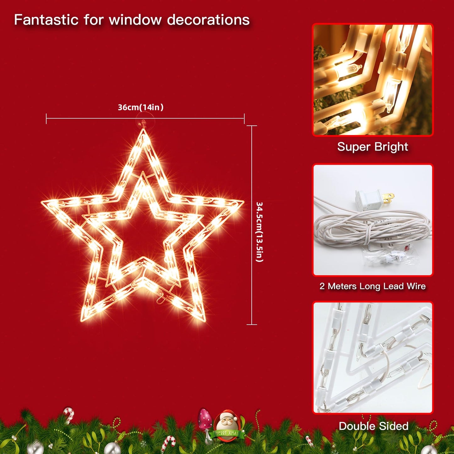 LAMPHOME 14Inch Christmas Star Light,Star Decoration Lights,Christmas Window Silhouette Lights,Double Side Sign Lamp Decoration for Holiday Indoor Wall Door Glass Decorations