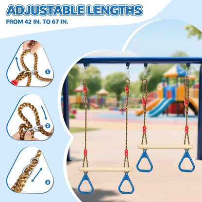 LadyRosian Wooden Trapeze Swing Bar, Adjustable Height Swing Set, Gym Rings, Playground Attachments, 16.5" Monkey Bar for Backyard, Playground, Playroom (Blue)