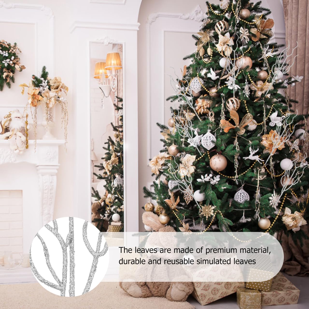 Ipetboom Glitter Christmas Leaves Picks - 10pcs Curly Tall Tree Filler Branches for Xmas Wreath Wedding Table Centerpiece Decorations - Christmas Tree Poinsettia Flower Stems Branches Picks (Silver)