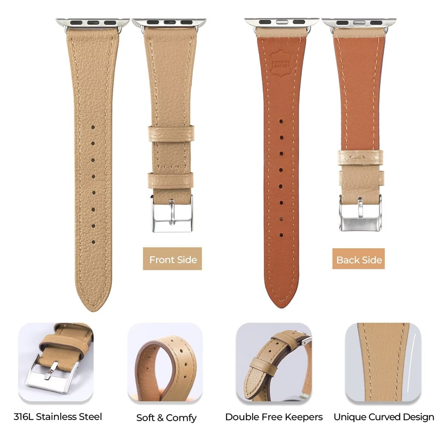 HANDODO Italian Genuine Leather Band Women for Apple Watch Series 11 10 9 8 7 6 5 4 3 2 1 SE SE2, SGS Certified Dressy Bracelet Cute Strap for iWatch 38mm 40mm 41mm 42mm, Camel