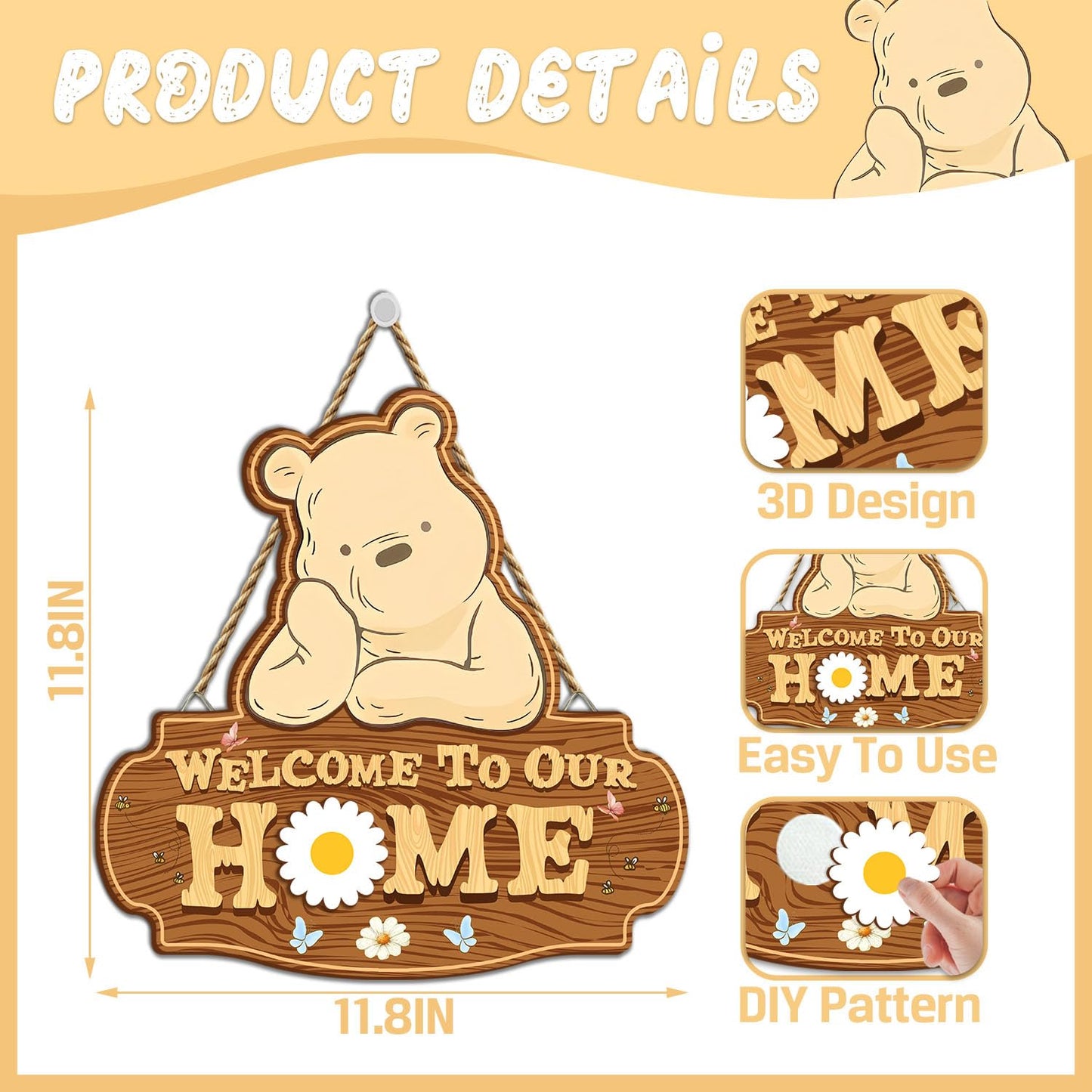 Winnie Welcome Sign for Door Decor, the Pooh Welcome to Our Home Sign with Interchangeable Holiday Sign, Christmas Party Decor Supplies, Perfect for Housewarming Gift, Christmas Thanksgiving Gifts