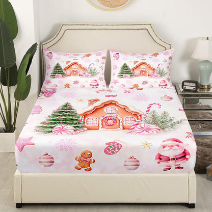 Manfei Pink Christmas Fitted Sheet Twin for Kids Teens Bedroom,Cartoon Gingerbread House Bedding Set(No Top Sheet),Watercolor Santa Snowman Bed Sheet,Dreamy Pink Tie Dyed Bed Cover,2 Pillowcases