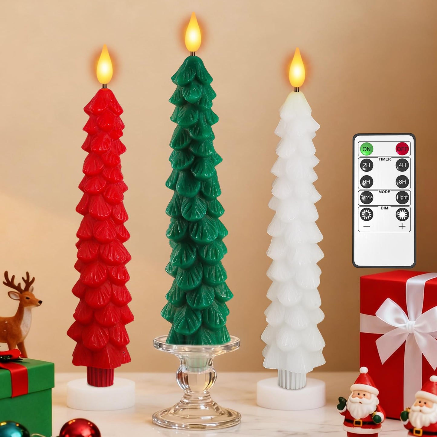 PChero Christmas Tree Candles with Remote Timer, 3 Pack 9.7 Inches Real Wax Flameless Window Candles Battery Operated Taper Candle Sticks for Xmas Fireplace Holiday Party Home Room Decor