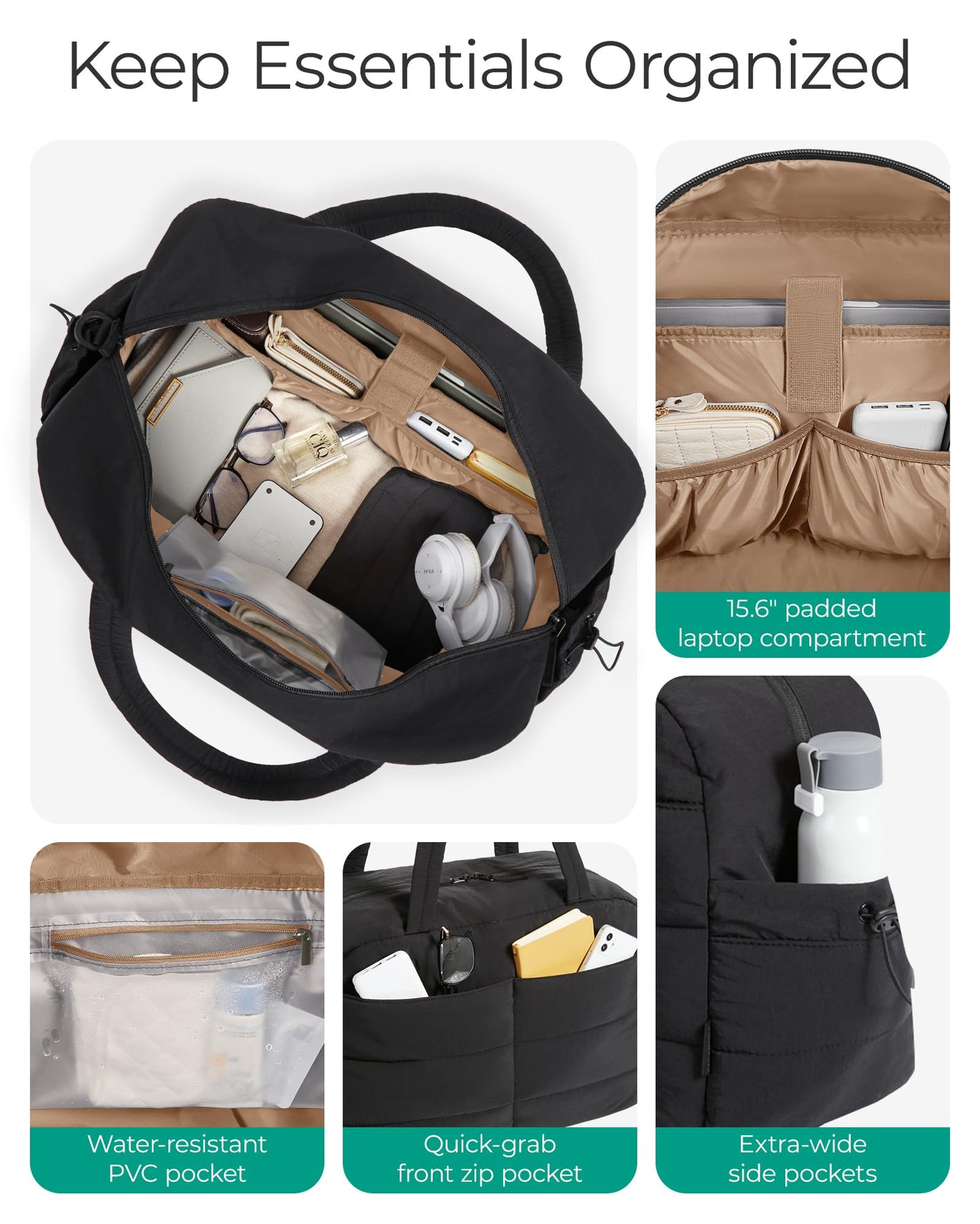 BAGSMART Gym Bag for Women, Lightweight Puffer Duffle Bag 2-PC Travel Bag, 31L Weekender Overnight Bag Quilted Carry On Tote Bag, Diaper Hospital Dance Bag for Travel, Gym, Water Resistant, Black