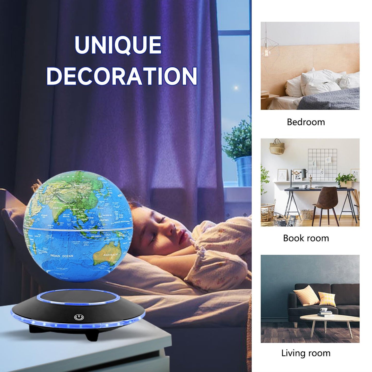 Levitating Globe with White LED Light, Magnetic Floating World Map Globes 360 Degree Rotating Display Mood Lamp Night Lights for Home Office Desk Decoration Birthday Gifts