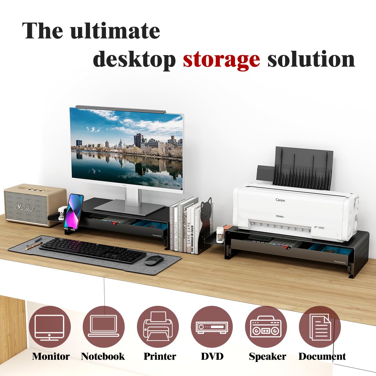 Nxmateland Heavy Duty Metal Monitor Stand, Strong Support Desk Organizer with Storage Shelf, Ergonomic Riser for Computer, Laptop & Printer, Space-Saving Desktop Organizer for Office Home