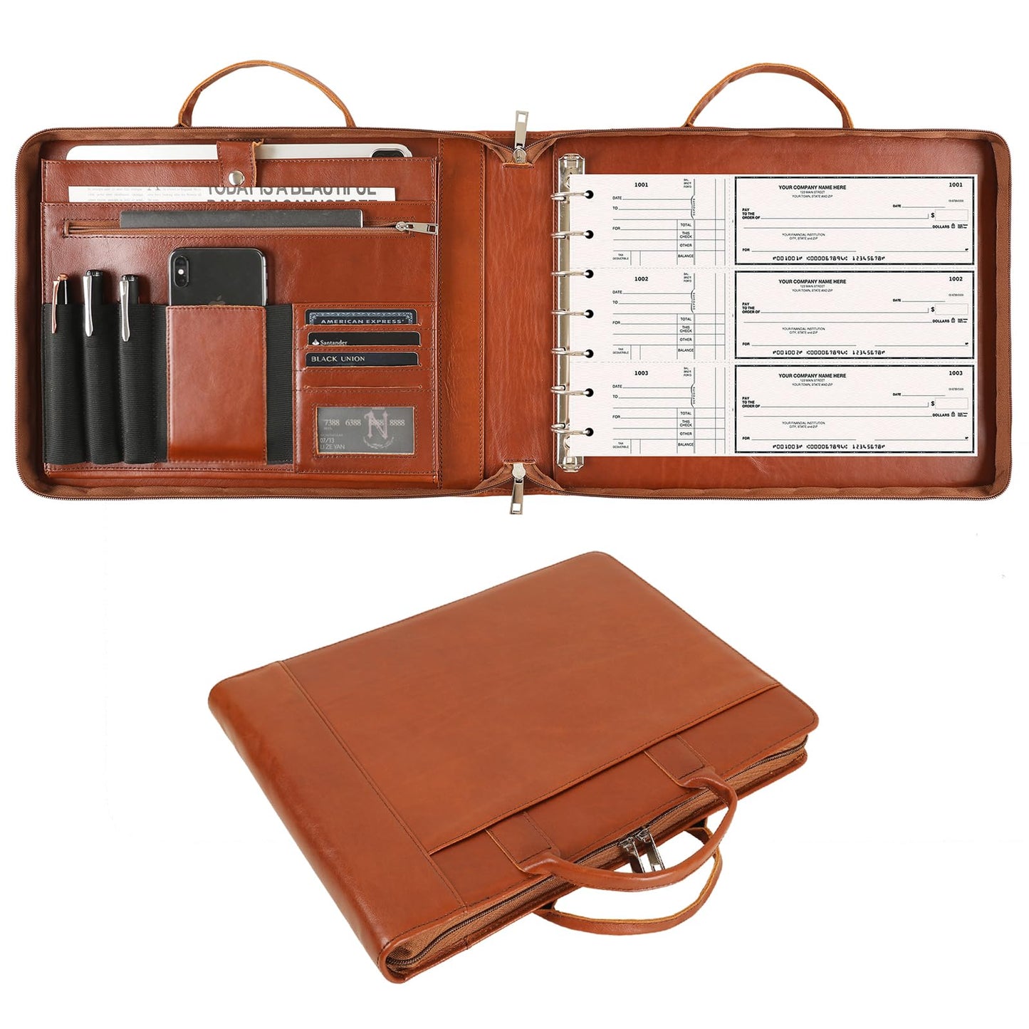 Handmade Leather Business Checkbook Binder - 7 Ring Check Binder with Handle, Check Holder Checkbooks for Business Checks for 3 Per Page 600 Checks Capacity for 9 x 13 inch Sheets, Oil Brown