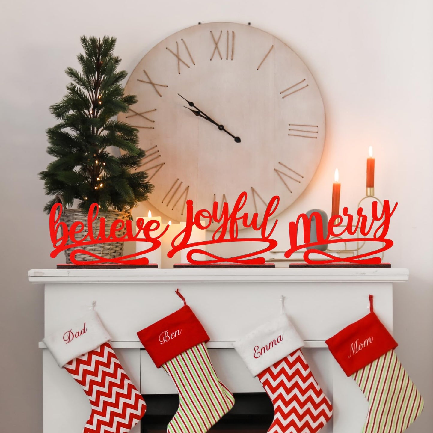 Kathfly 3 Pcs Christmas Tabletop Word Sign Believe Joyful Merry Xmas Mantle Decor Freestanding Christmas Mantle Sign Xmas Wood Cutouts Table Plate Rustic Ornaments for Home Office Decoration(Red)