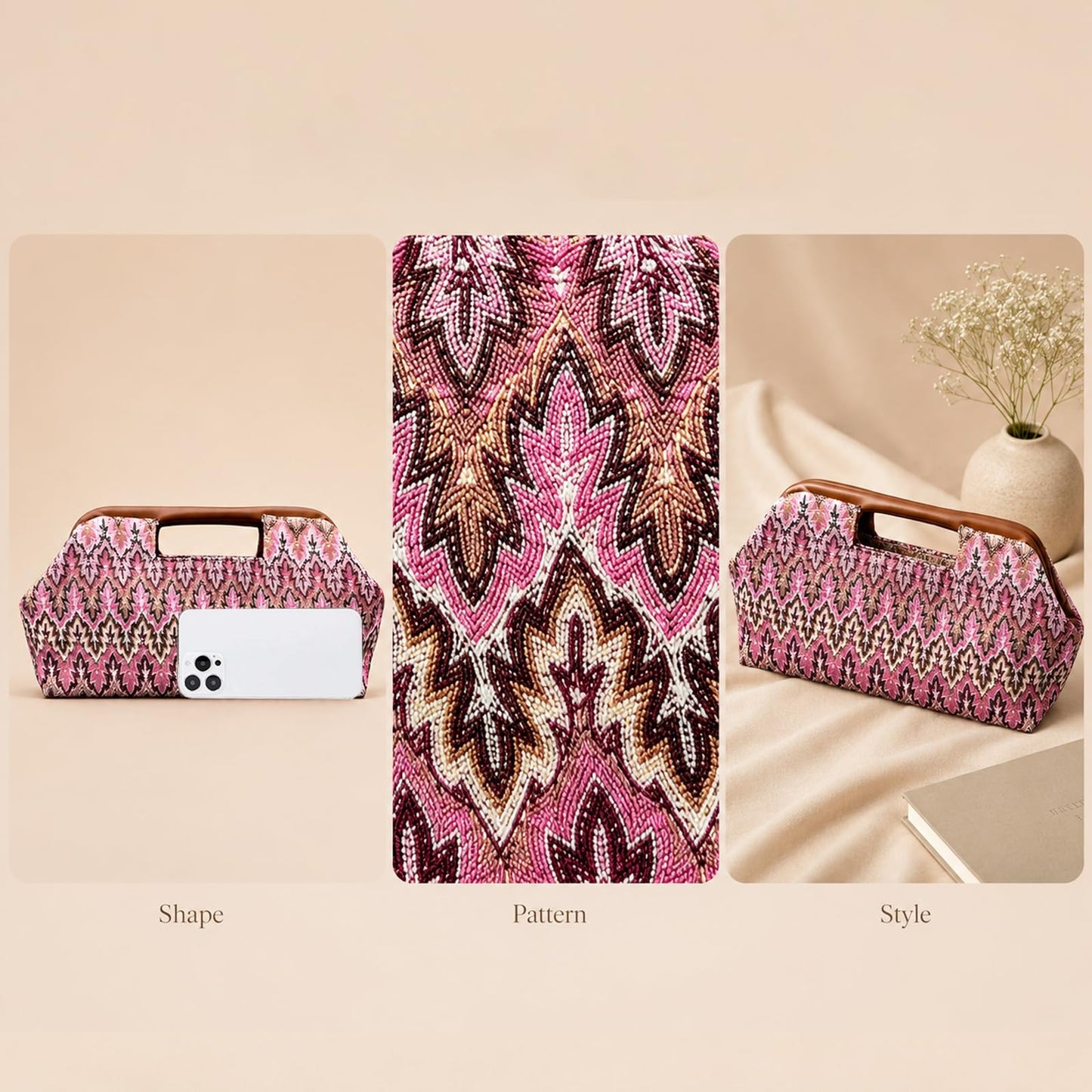 ENBEI Women's Top Handle Clutch Purse, Evening Bag with Leather-Wrapped Metal Handle, Handbag Clutch for Party & Daily Use (Pink Bohemia)